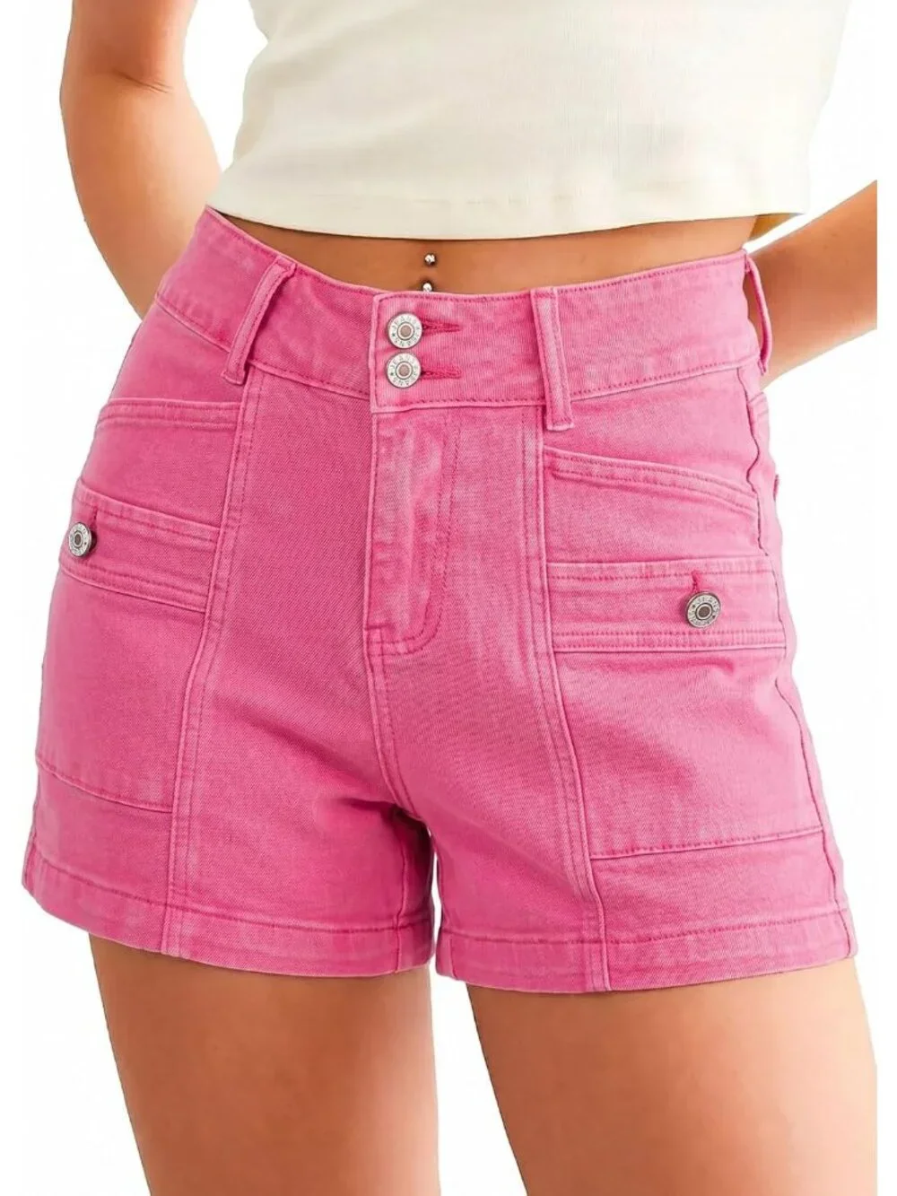 Women's Pink High Waisted Stretchy Shorts Double Button Denim Jean Shorts